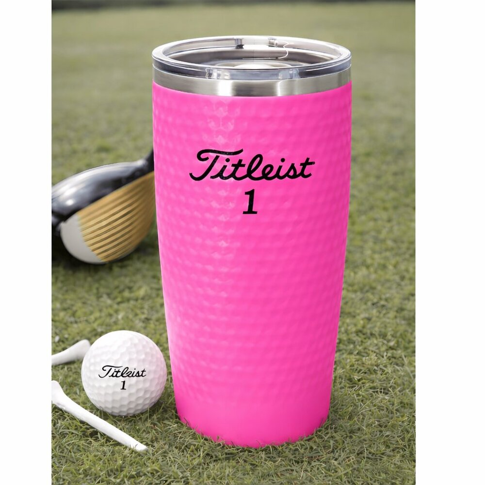 Custom Engraved 20 oz Titleist Pink Golf Tumbler with Golf Ball Texture.